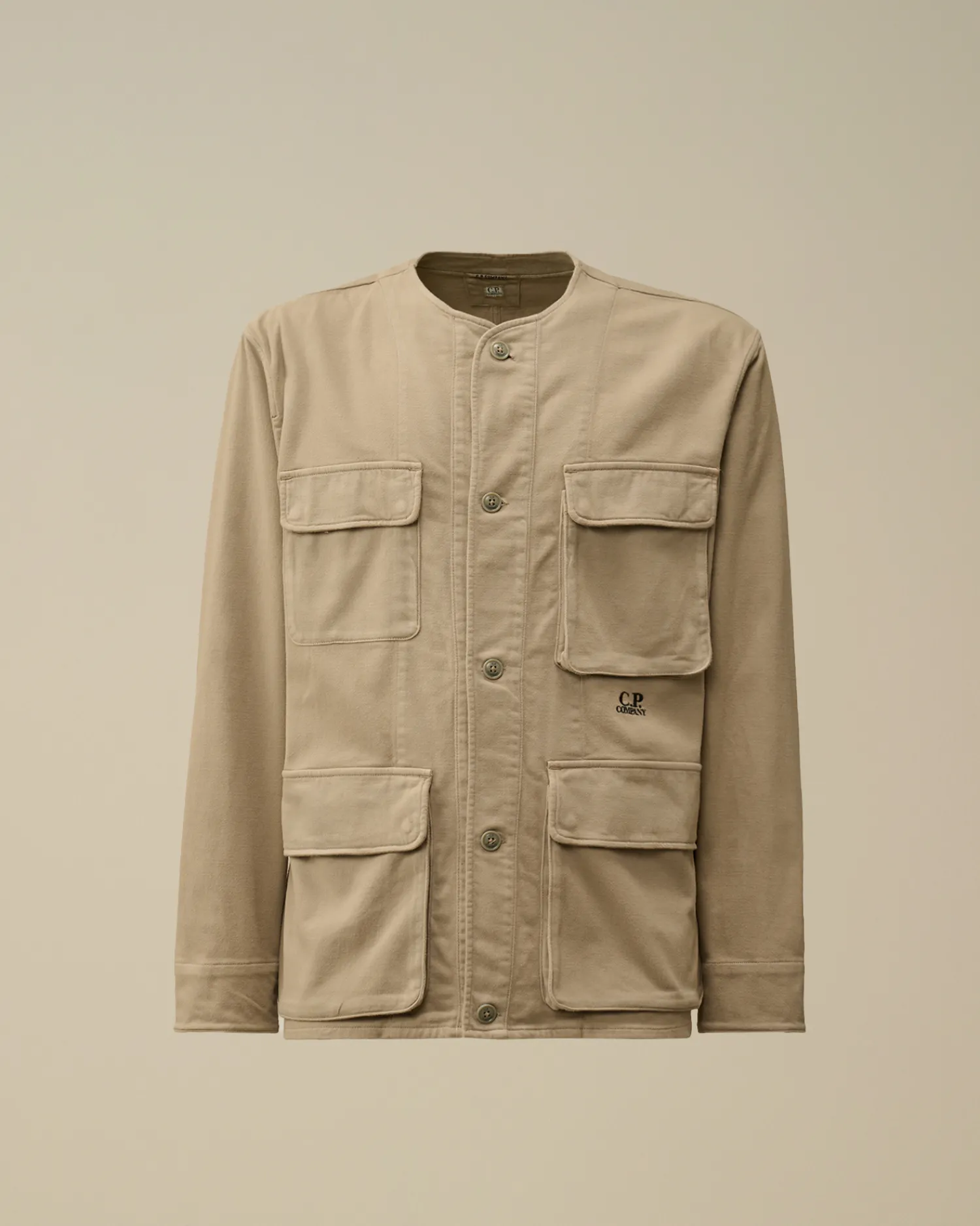 C.P. Company Overshirt>Armored Stretch Satin Buttoned Overshirt Vintage Khaki – Beige