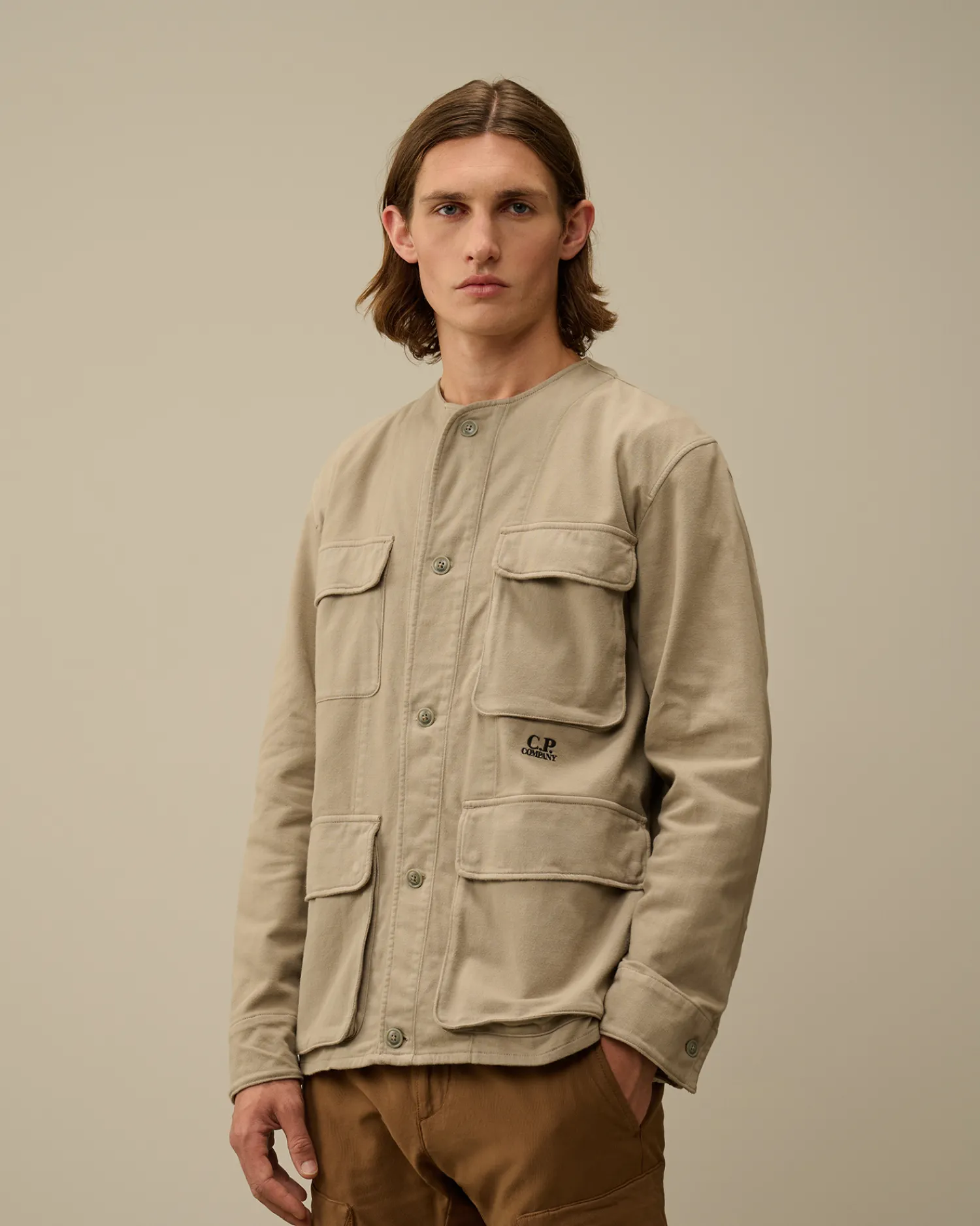 C.P. Company Overshirt>Armored Stretch Satin Buttoned Overshirt Vintage Khaki – Beige