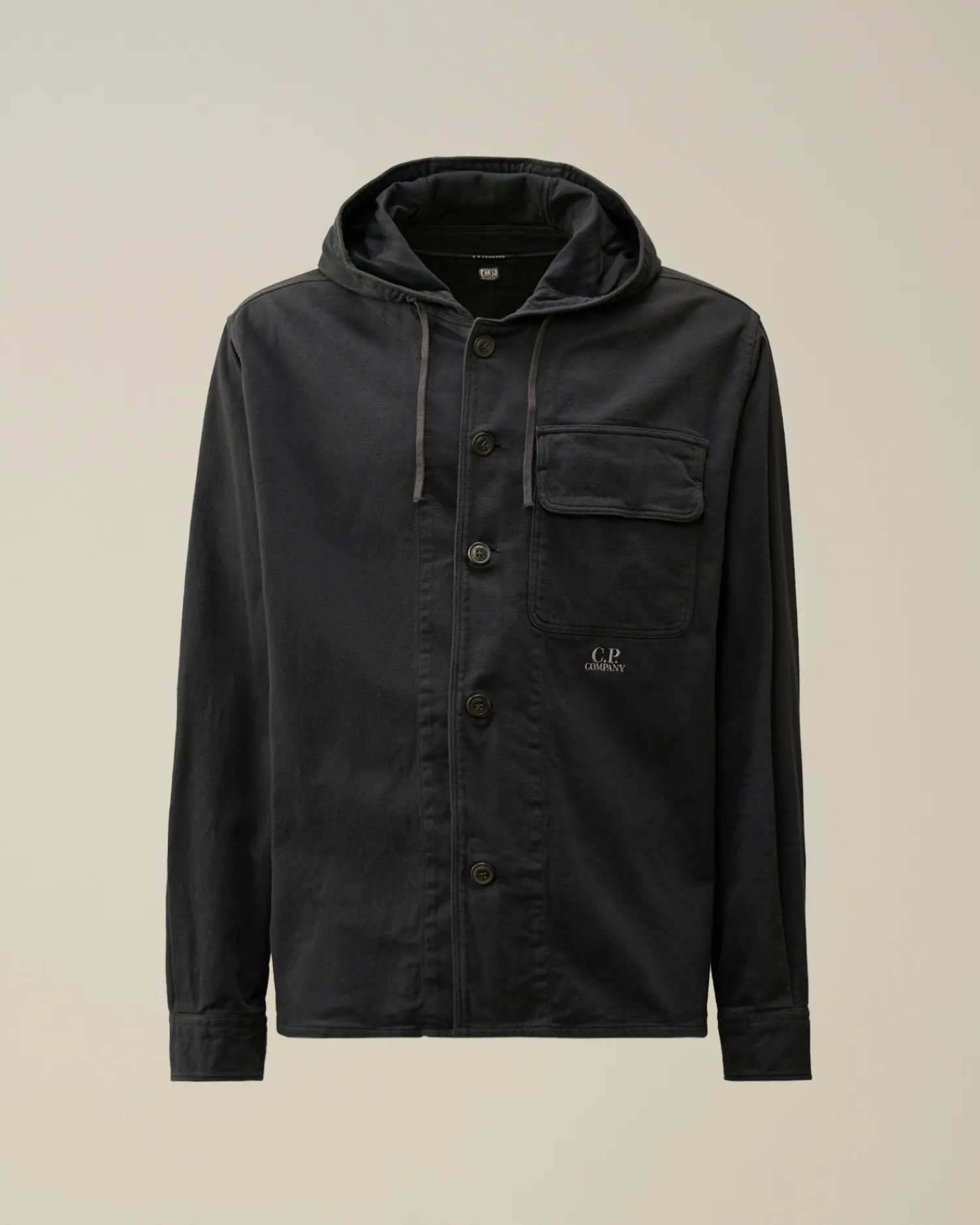 C.P. Company Overshirt>Armored Stretch Satin Hooded Buttoned Overshirt Black Sand