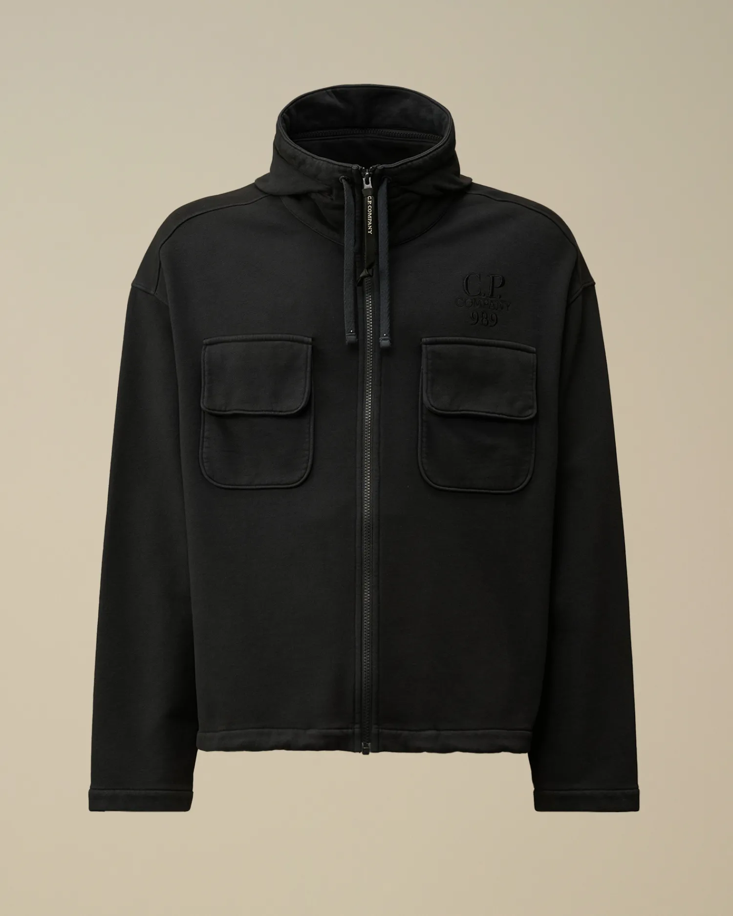 C.P. Company Felpe>Brushed and Emerized Diagonal Fleece Hooded Utility Sweatshirt Black Sand