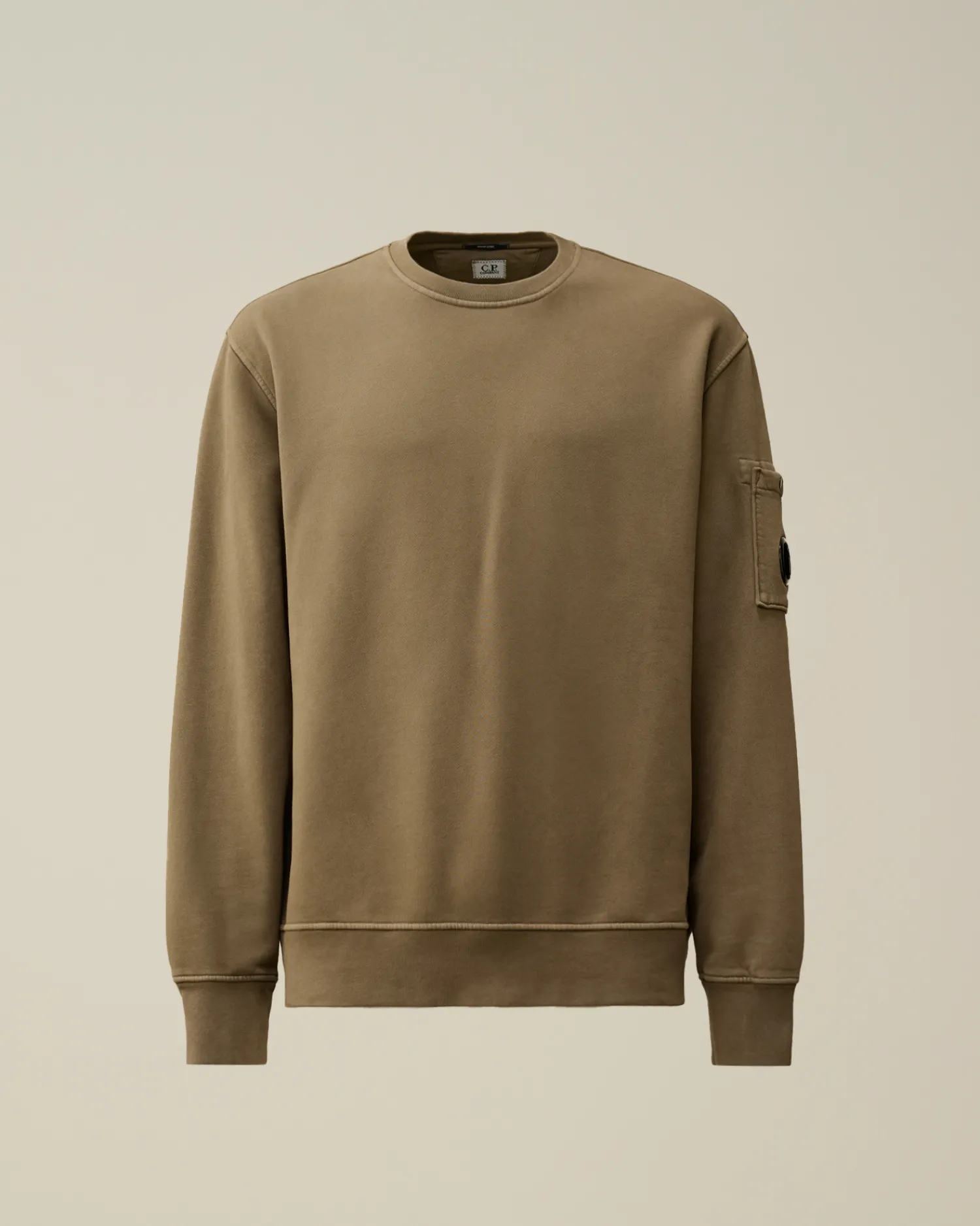 C.P. Company Felpe>Brushed and Emerized Diagonal Fleece Lens Crew Neck Sweatshirt Walnut – Beige