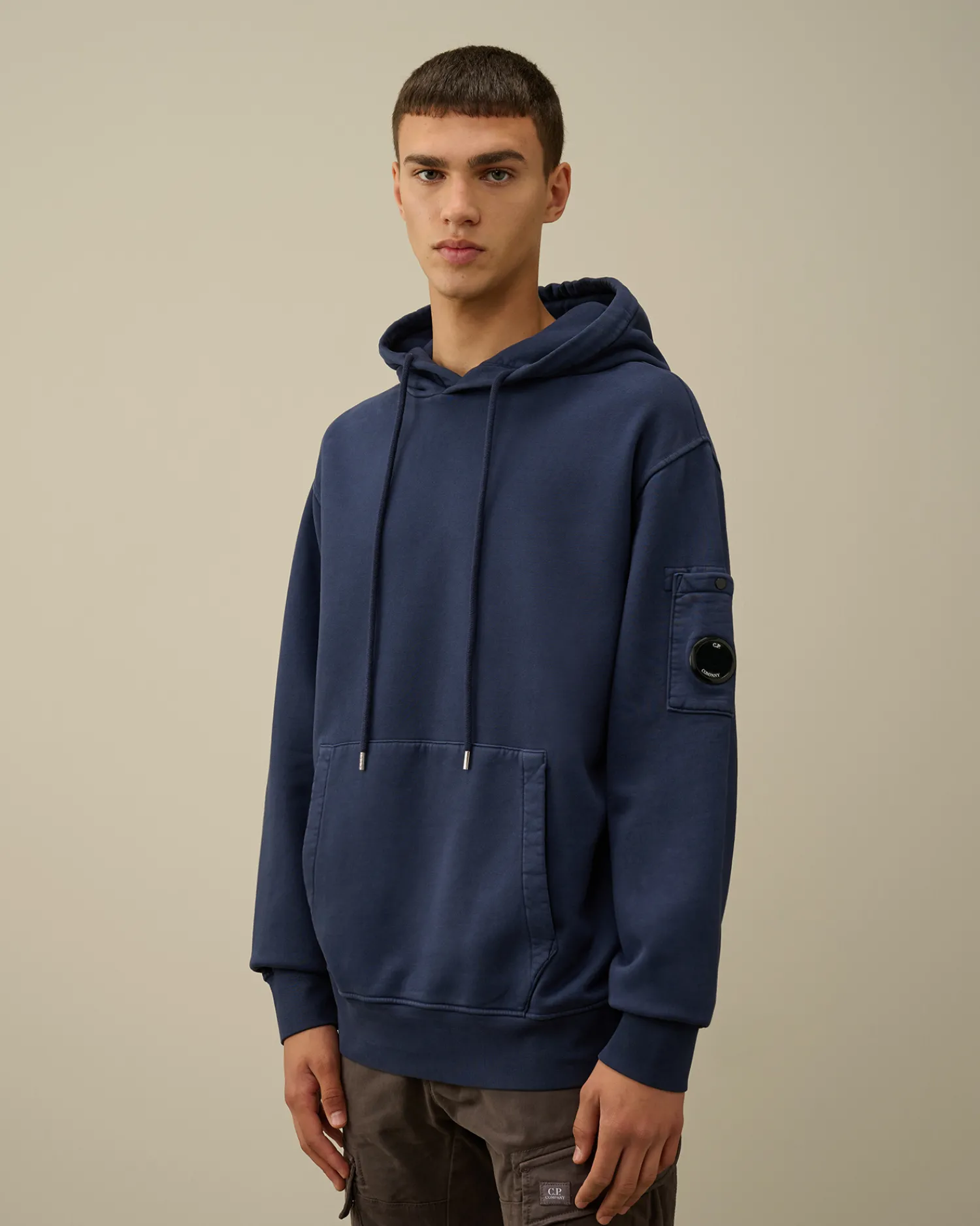 C.P. Company Felpe>Brushed and Emerized Diagonal Fleece Lens Hooded Sweatshirt Estate Blue