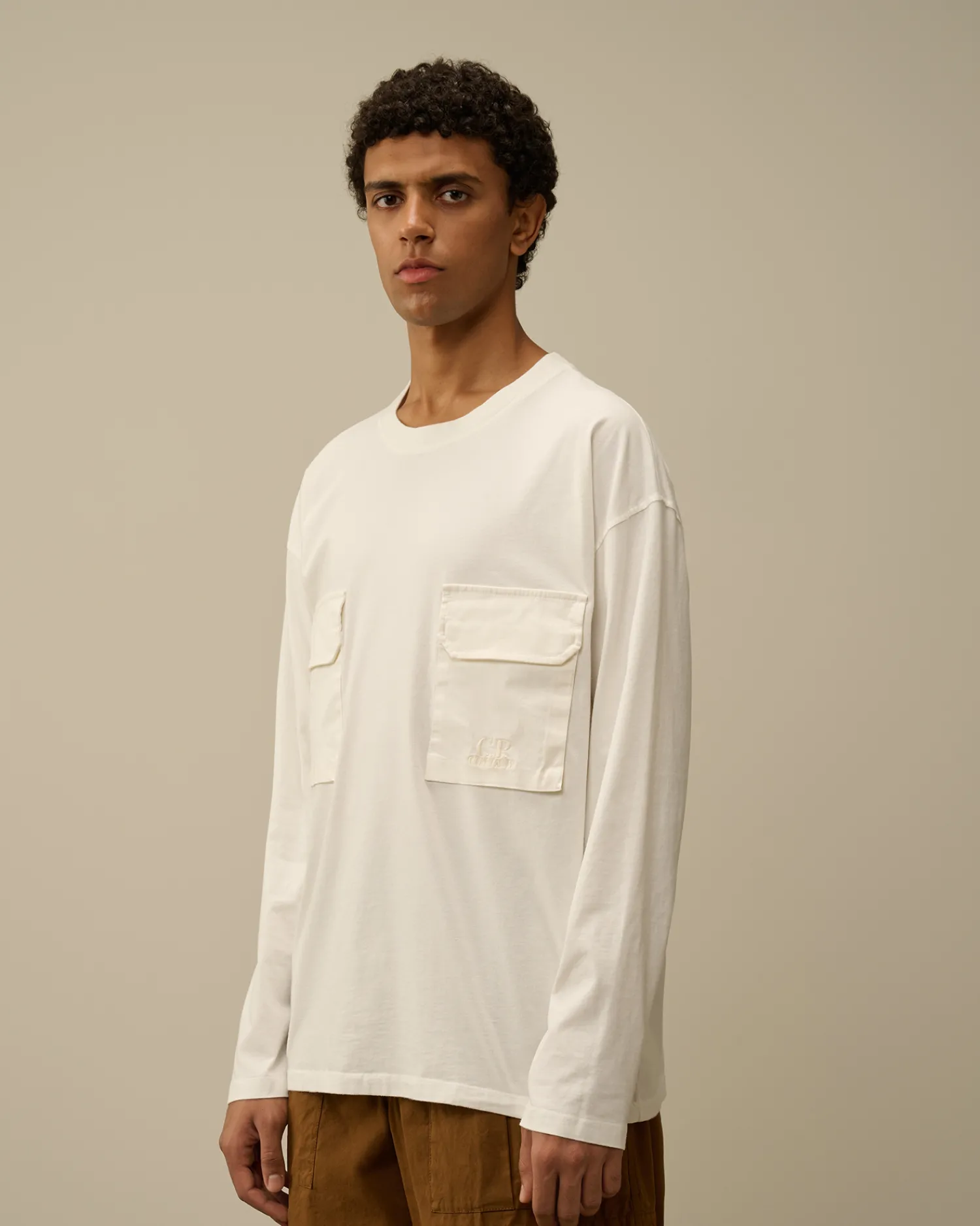 C.P. Company T-shirts & Polo>Brushed Jersey Mixed Boxy Longsleeve T-Shirt Gauze White