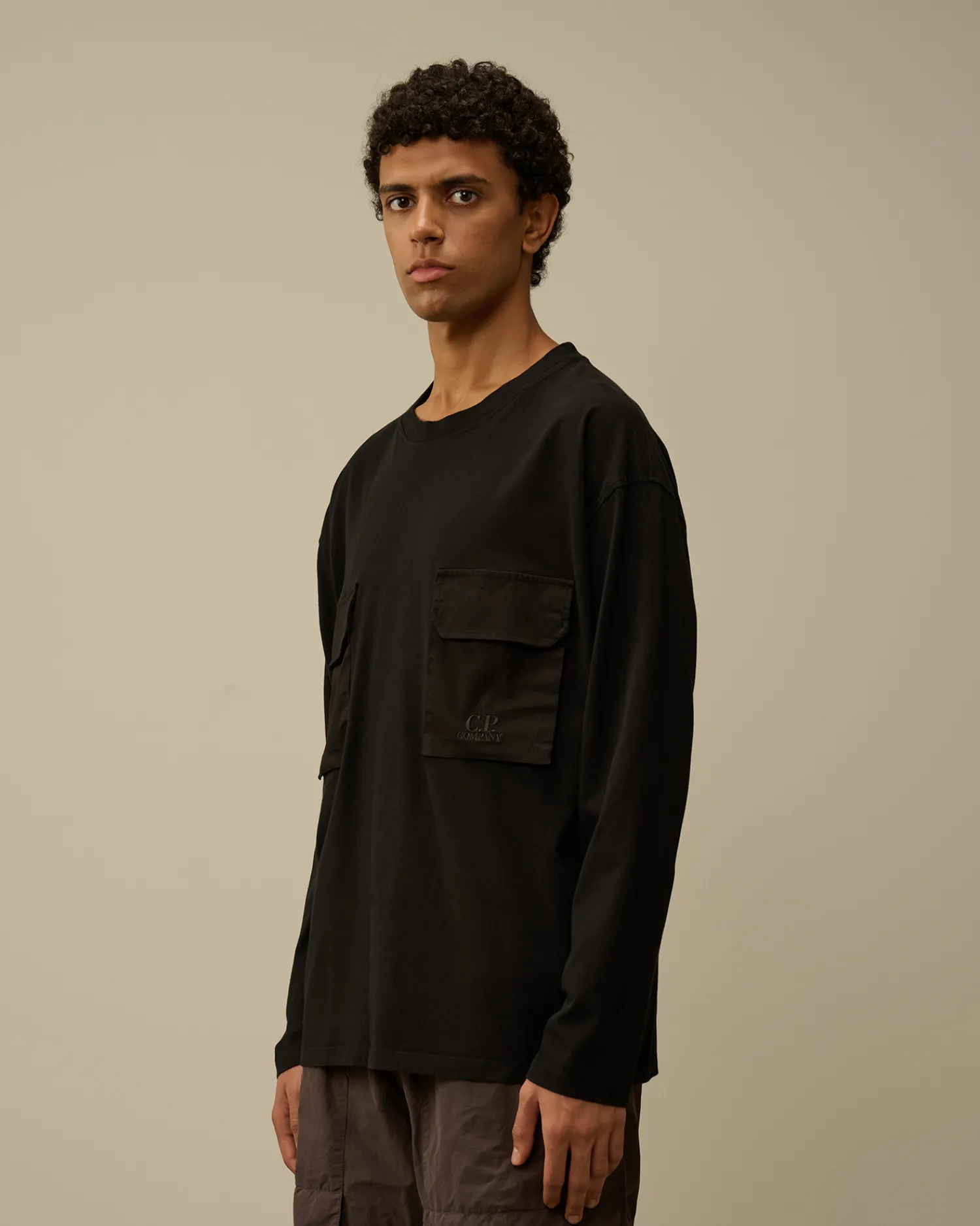 C.P. Company T-shirts & Polo>Brushed Jersey Mixed Boxy Longsleeve T-Shirt Black