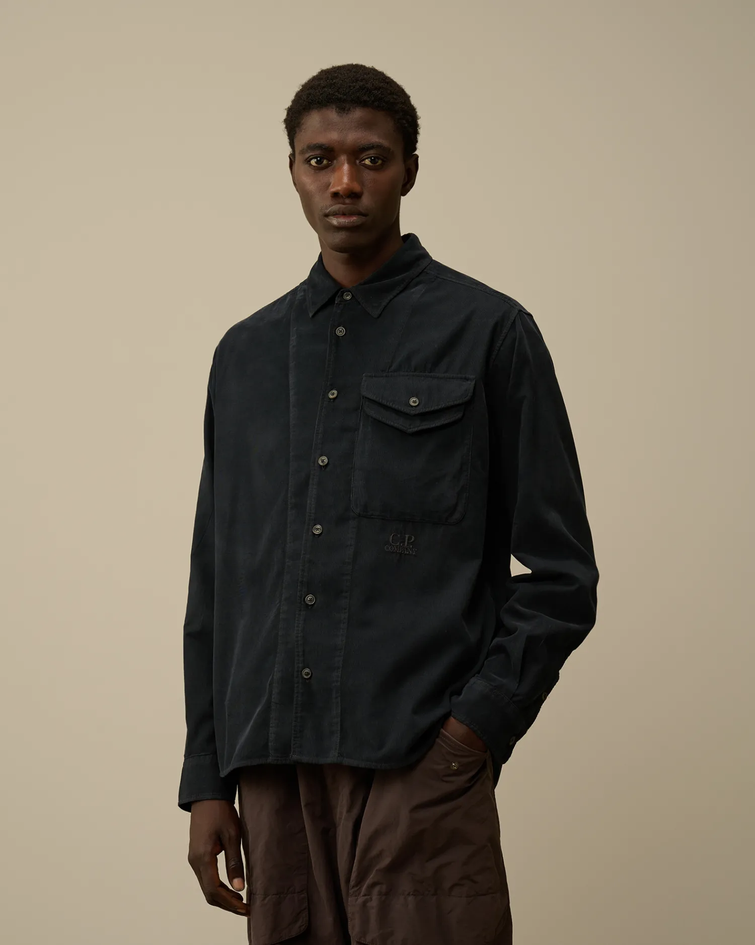 C.P. Company Camicie>Corduroy Single Pocket Shirt Black Sand