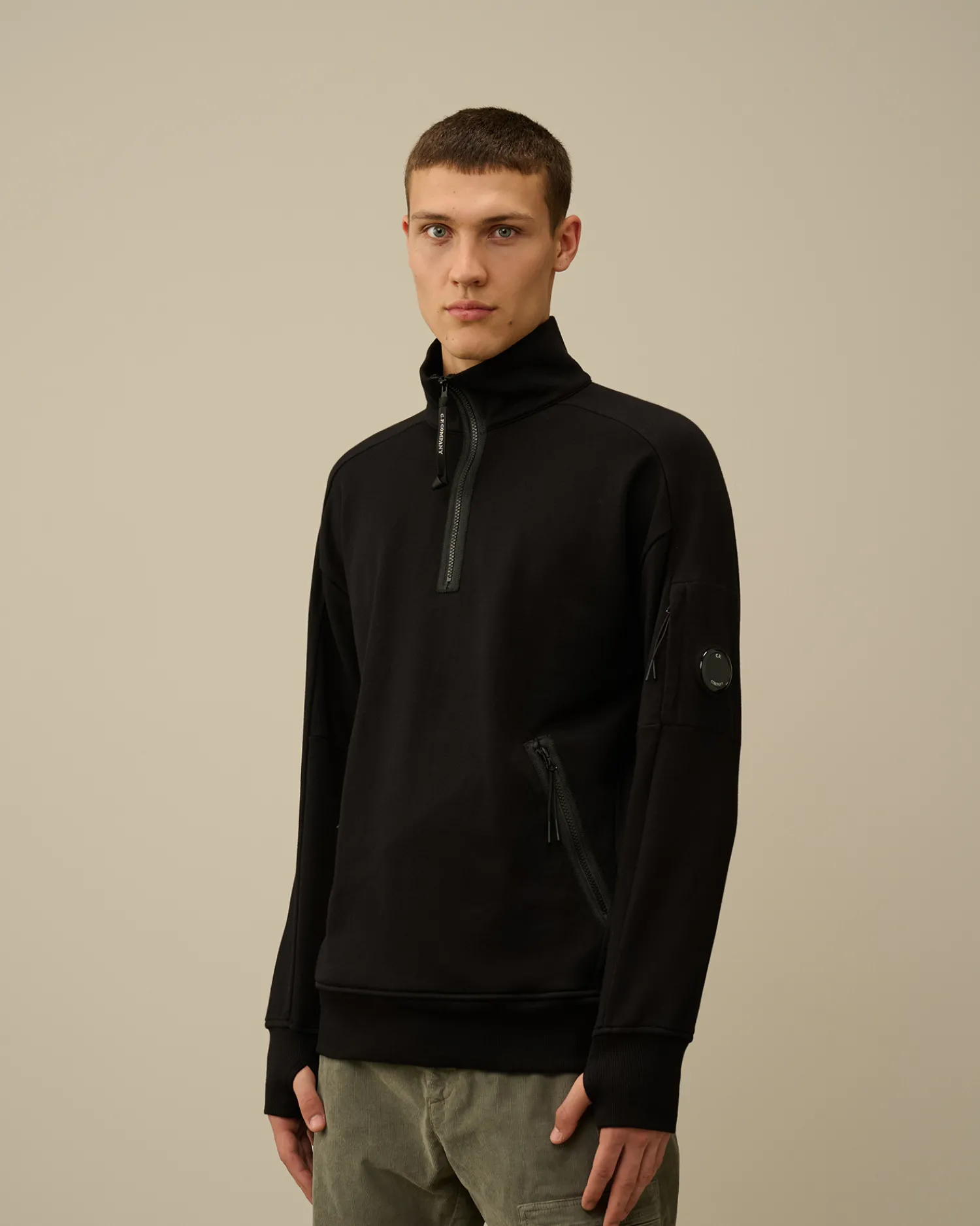 C.P. Company Felpe>Diagonal Raised Fleece Half Zipped Sweatshirt Black