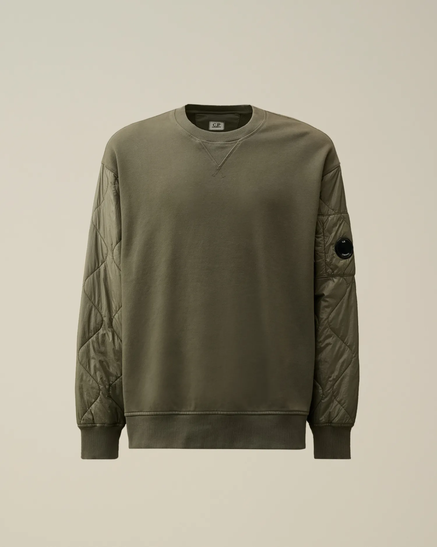 C.P. Company Felpe>Diagonal Raised Fleece Mixed Quilted Crew Neck Sweatshirt Grape Leaf – Green