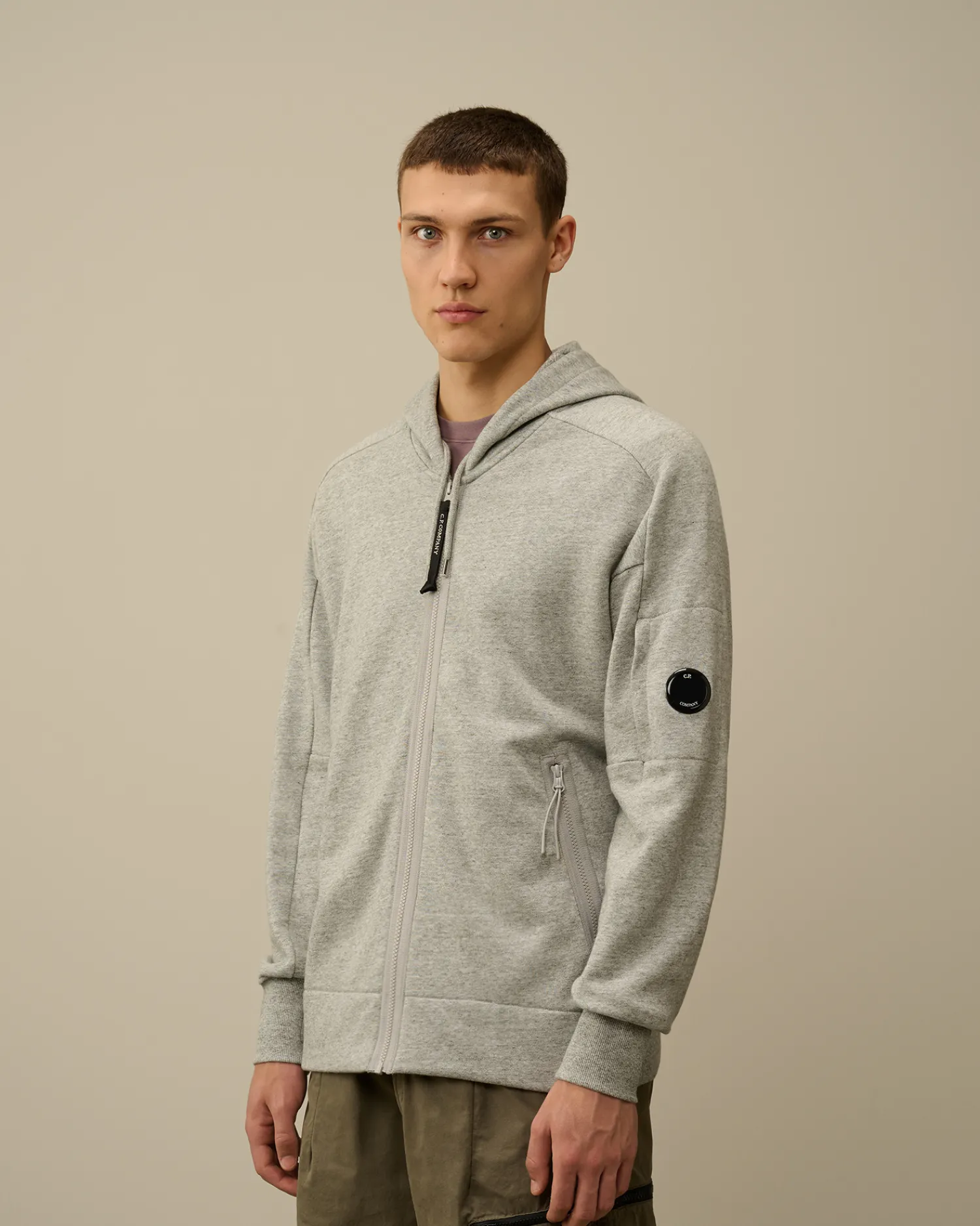 C.P. Company Felpe>Diagonal Raised Fleece Zipped Hooded Sweatshirt Greystone Melange