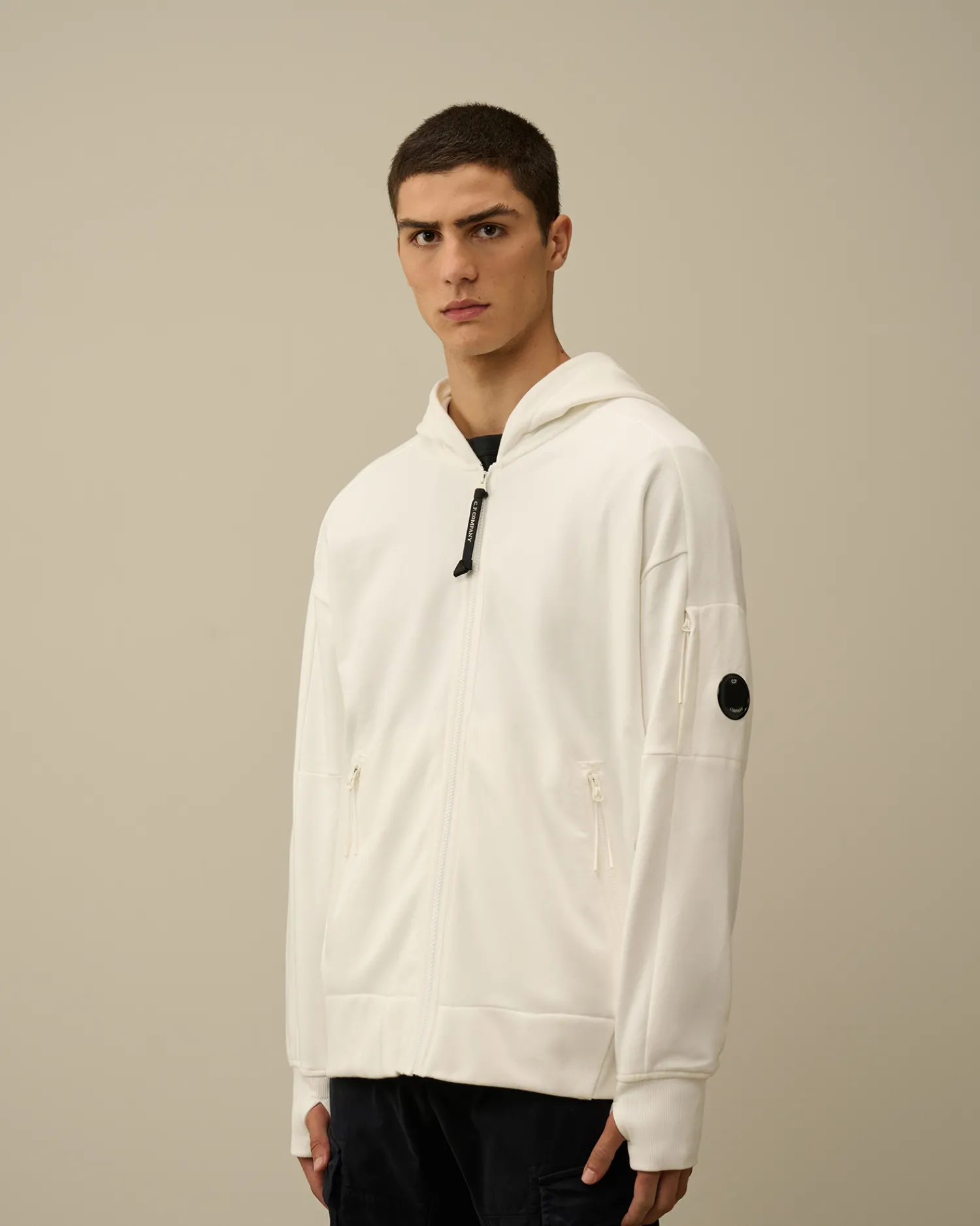 C.P. Company Felpe>Diagonal Raised Fleece Zipped Hooded Sweatshirt Gauze White