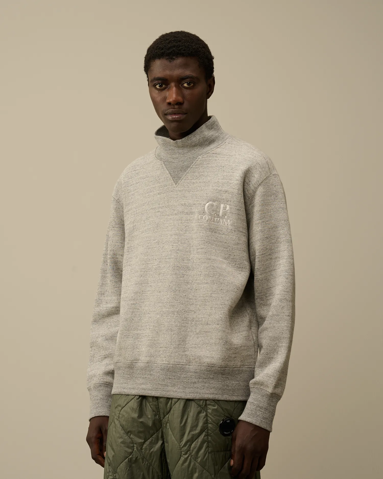 C.P. Company Felpe>Japanese Mélange Fleece Logo Funnel Neck Sweatshirt Greystone Melange