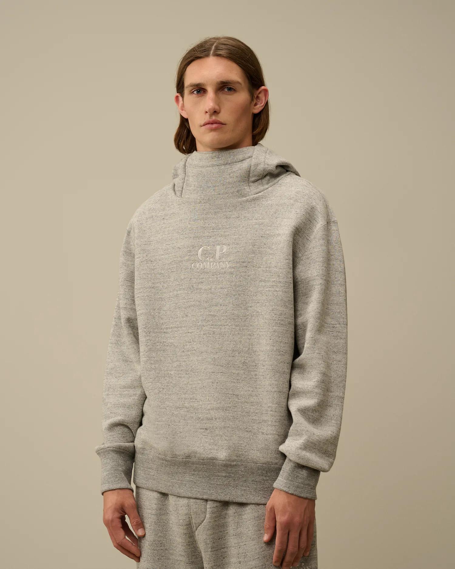 C.P. Company Felpe>Japanese Mélange Fleece Logo Hooded Sweatshirt Greystone Melange