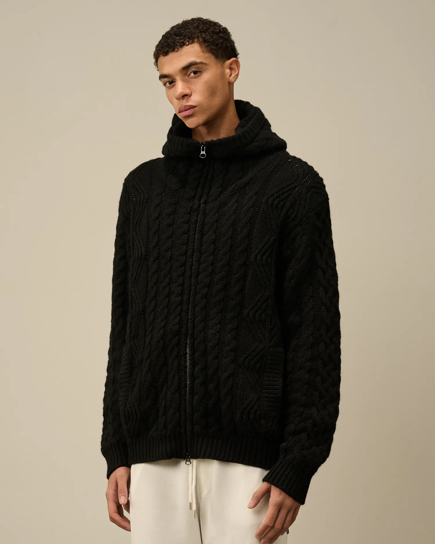 C.P. Company Maglieria>Lambswool Hooded Zipped Logo Knit Black