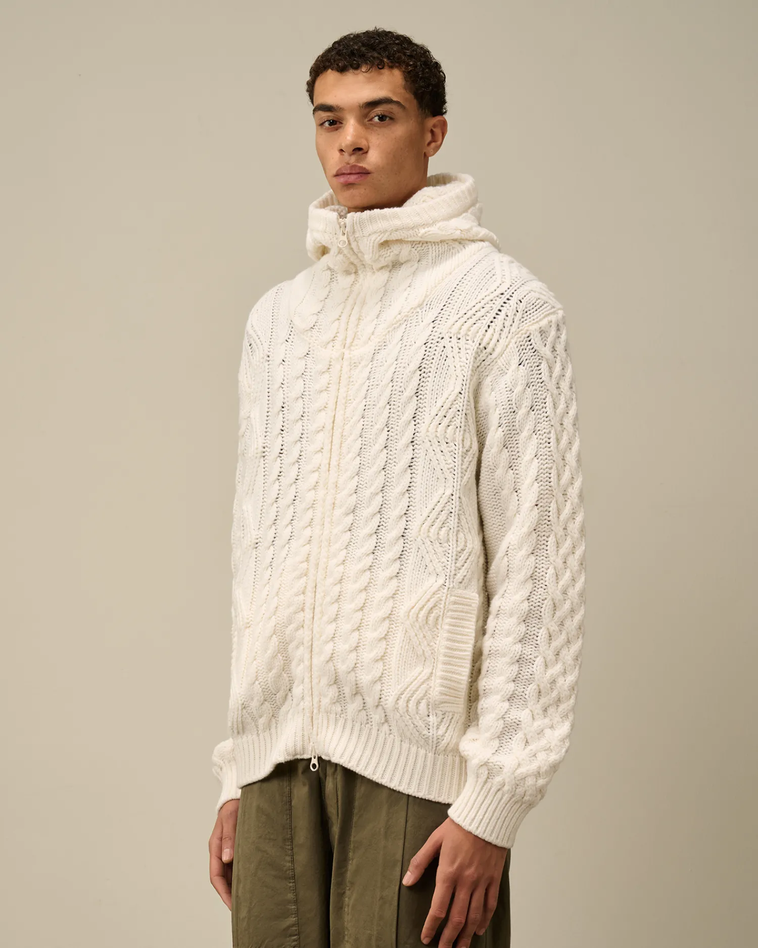 C.P. Company Maglieria>Lambswool Hooded Zipped Logo Knit Gauze White