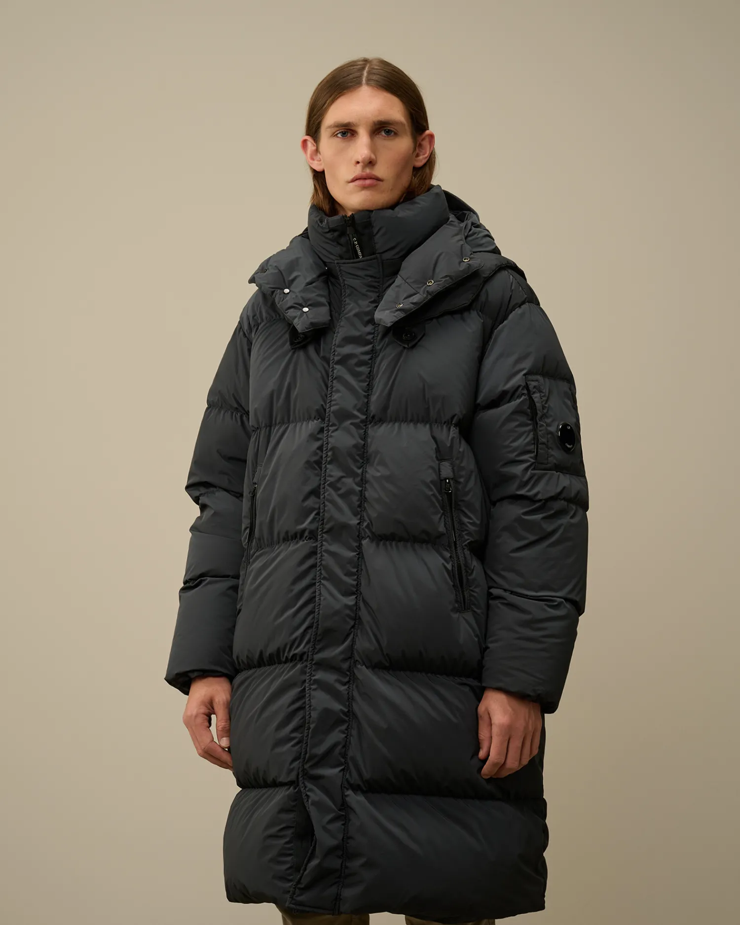 C.P. Company Giacche>Nycra-R Buttoned Hood Long Down Jacket Black Sand