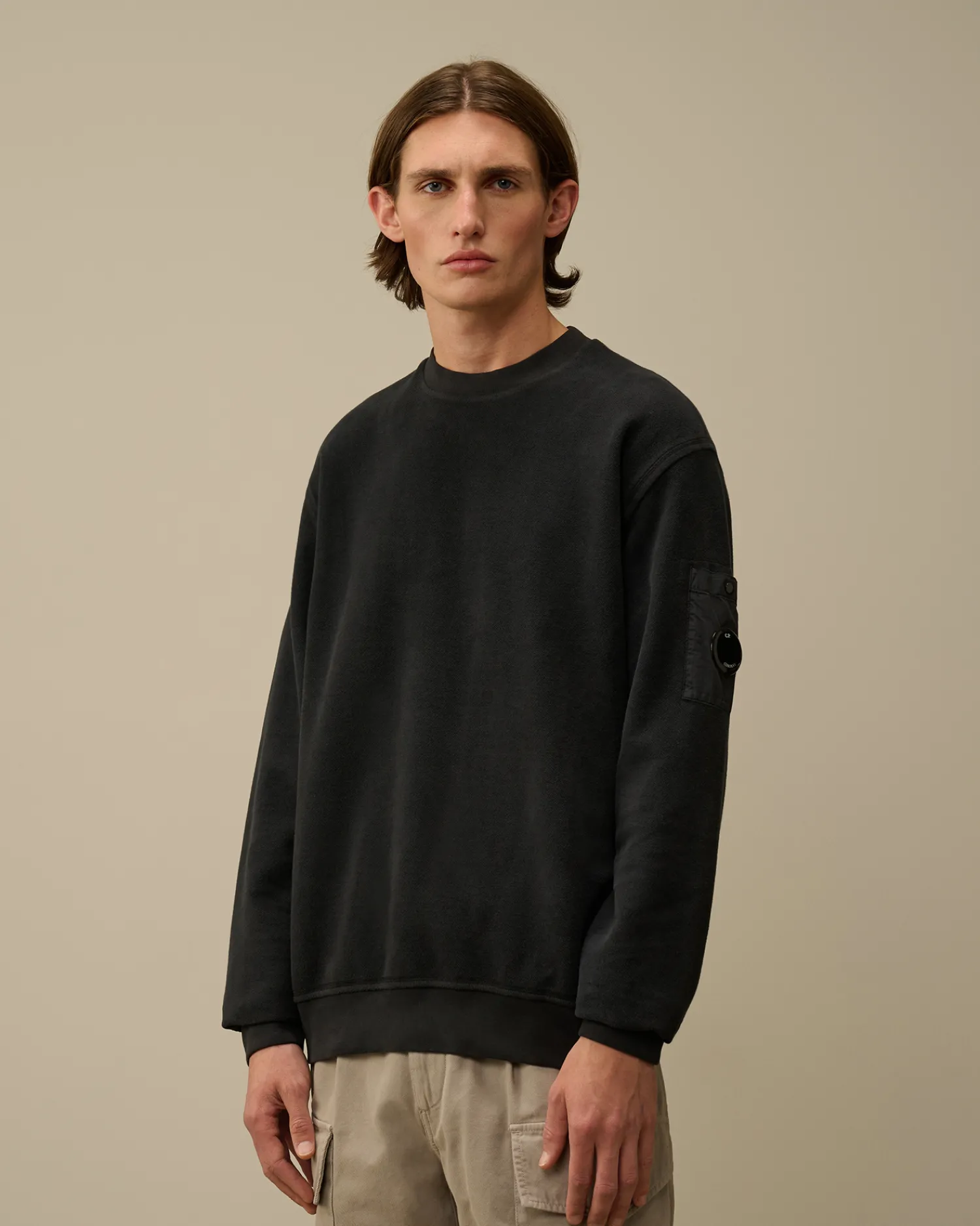 C.P. Company Felpe>Reverse Brushed & Emerized Diagonal Fleece Crewneck Sweatshirt Black Sand