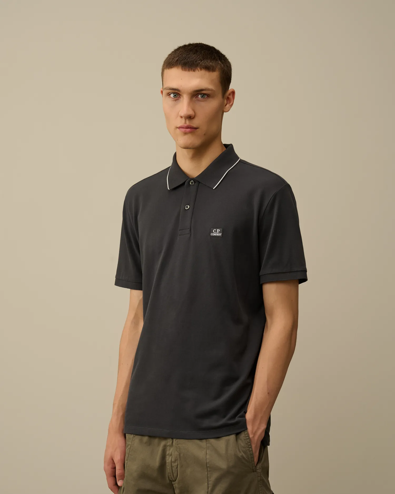 C.P. Company T-shirts & Polo>Stretch Piquet Striped Collar Polo Black Sand