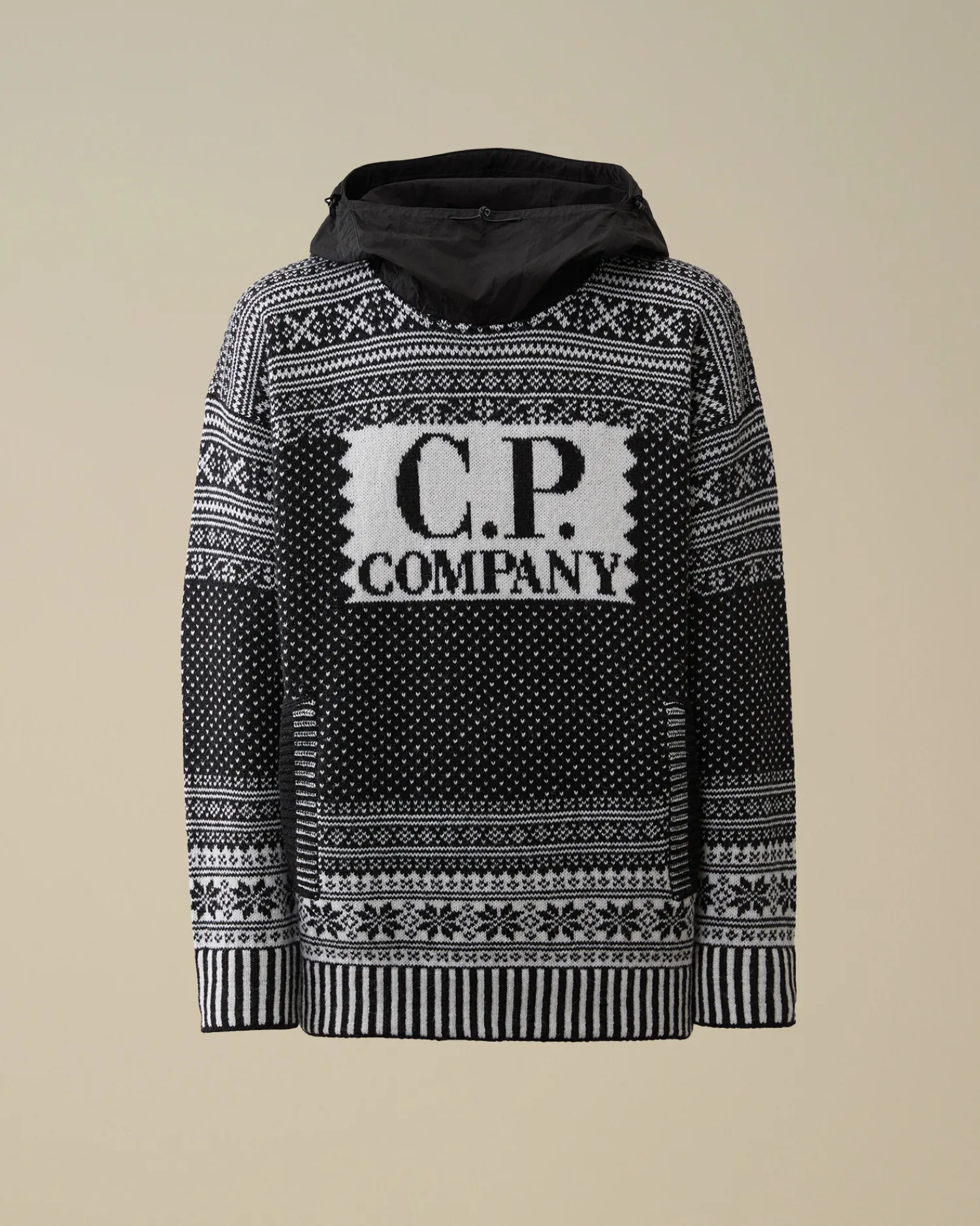 C.P. Company Maglieria>Wool Jacquard Mixed Hooded Logo Knit Var.02 – Black